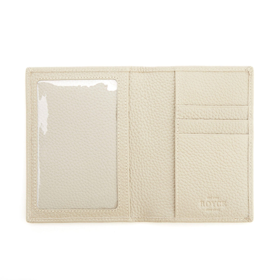 RFID blocking cream wallet with clear window for vaccine card and multiple card slots.