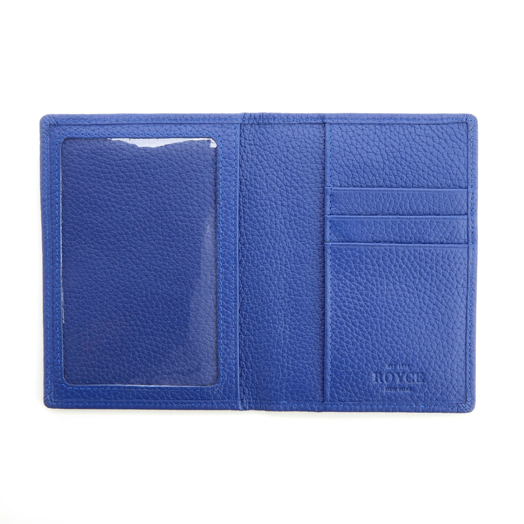 Blue RFID blocking vaccine card passport wallet with clear interior and card slots for storage.