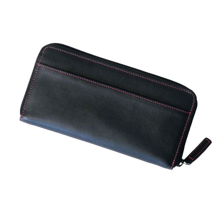 Black leather RFID blocking wallet with vibrant pink stitching, featuring zippered closure and card slots.