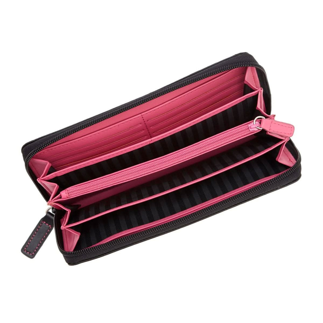 Interior view of RFID Blocking Women's Zippered Wallet showing pink card slots and zipper compartment.