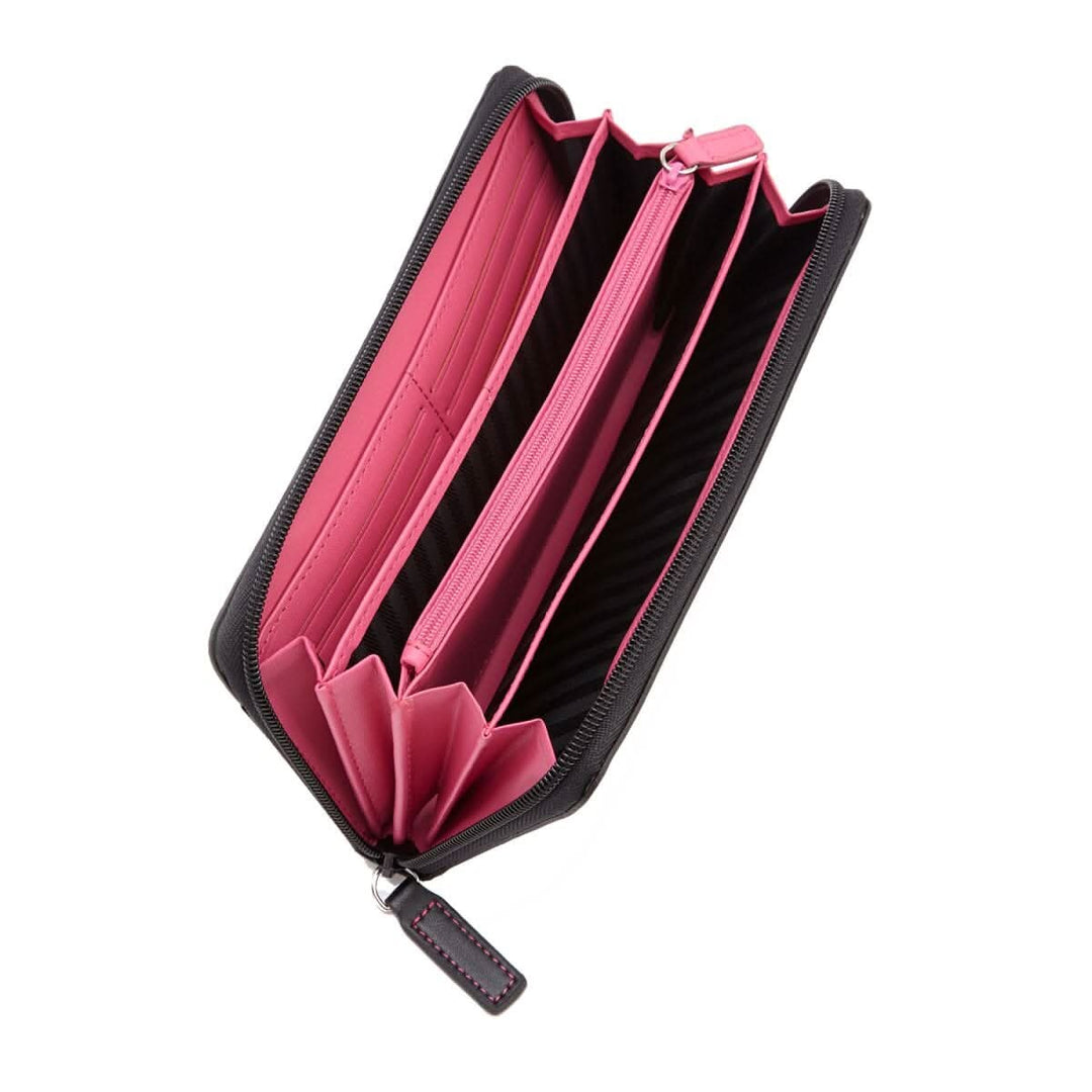 Inside view of a stylish RFID blocking zippered wallet featuring vibrant pink leather and multiple compartments for cards and bills.