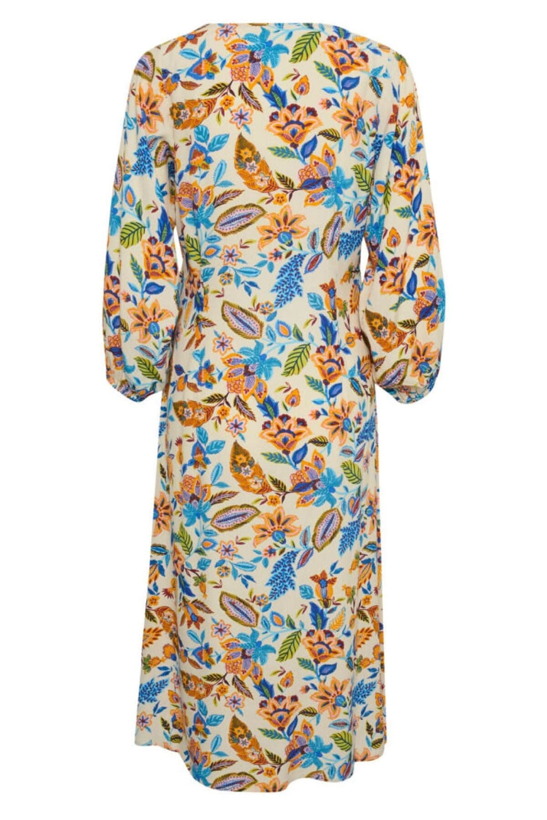 Robe fleurie Samira, vue arrière, longue, à manches bouffantes et à motifs colorés de fleurs et oiseaux.