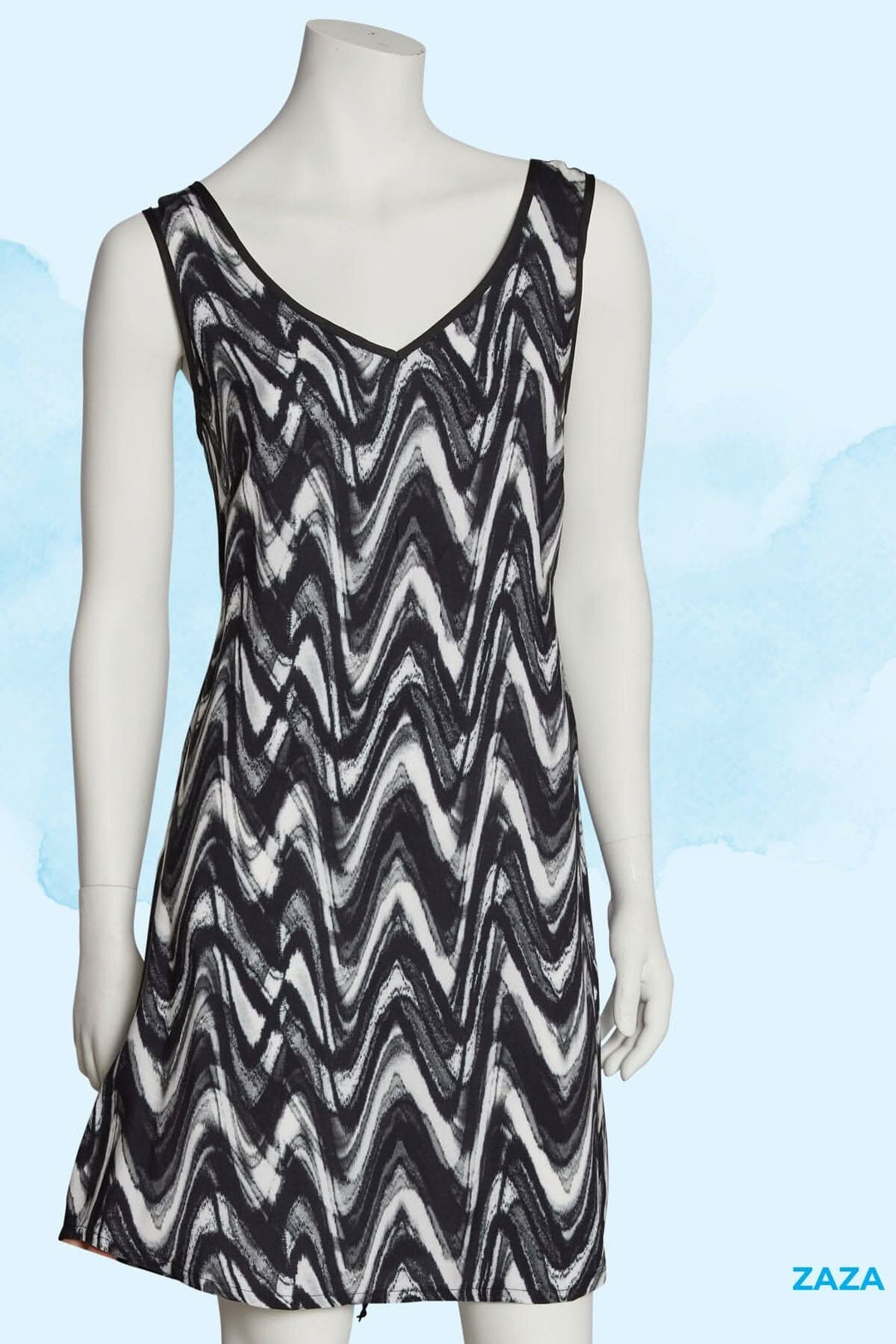 Robe légère à larges bretelles, encolure en V, motif ondulé noir et blanc, conçue pour l'été.