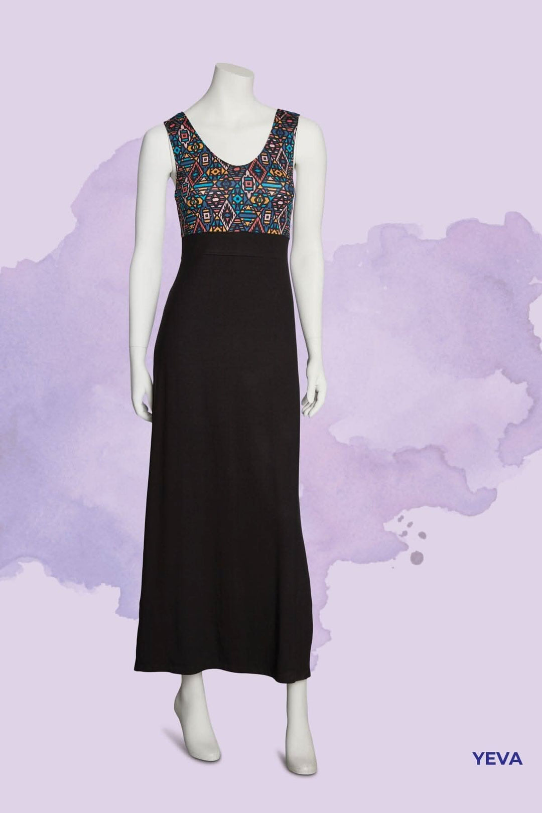 Robe maxi Yeva à larges bretelles, bustier imprimé, encolure arrondie et coupe semi-ajustée.