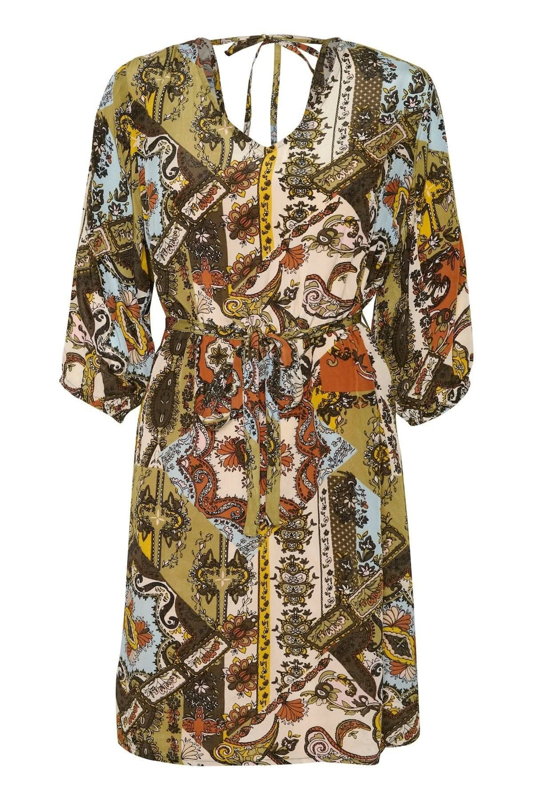 Robe Melody bohème imprimée avec ouverture au dos et cordon ajustable, manches 3/4, longueur au-dessus du genou.