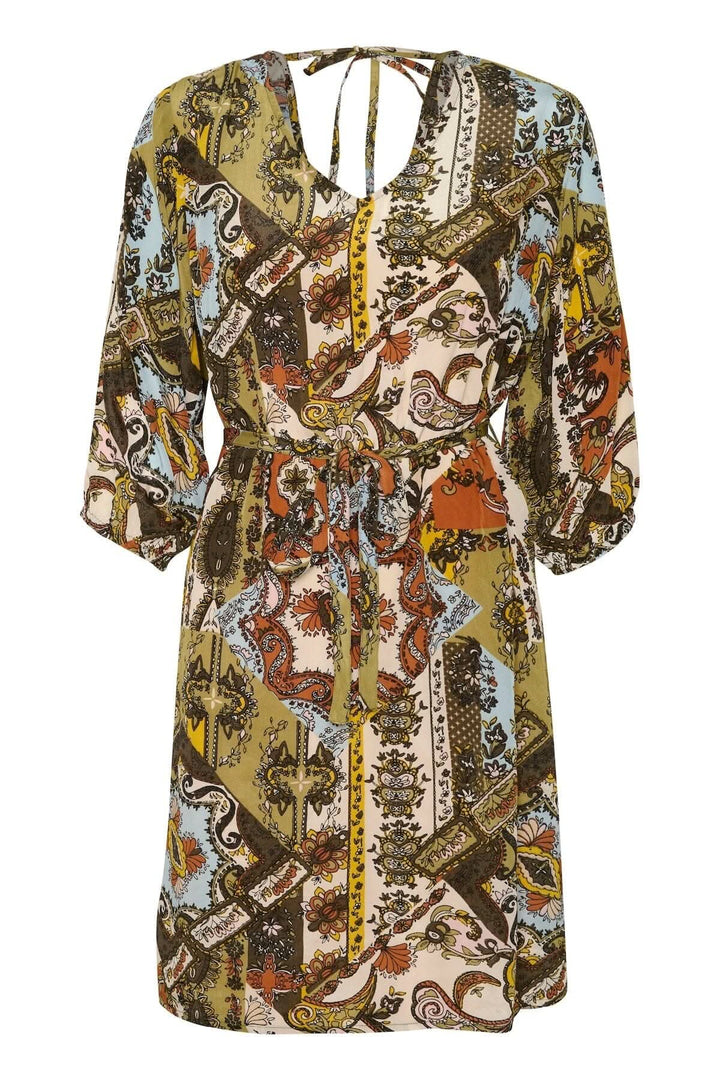 Robe Melody bohème imprimée avec ouverture au dos et cordon ajustable, manches 3/4, longueur au-dessus du genou.