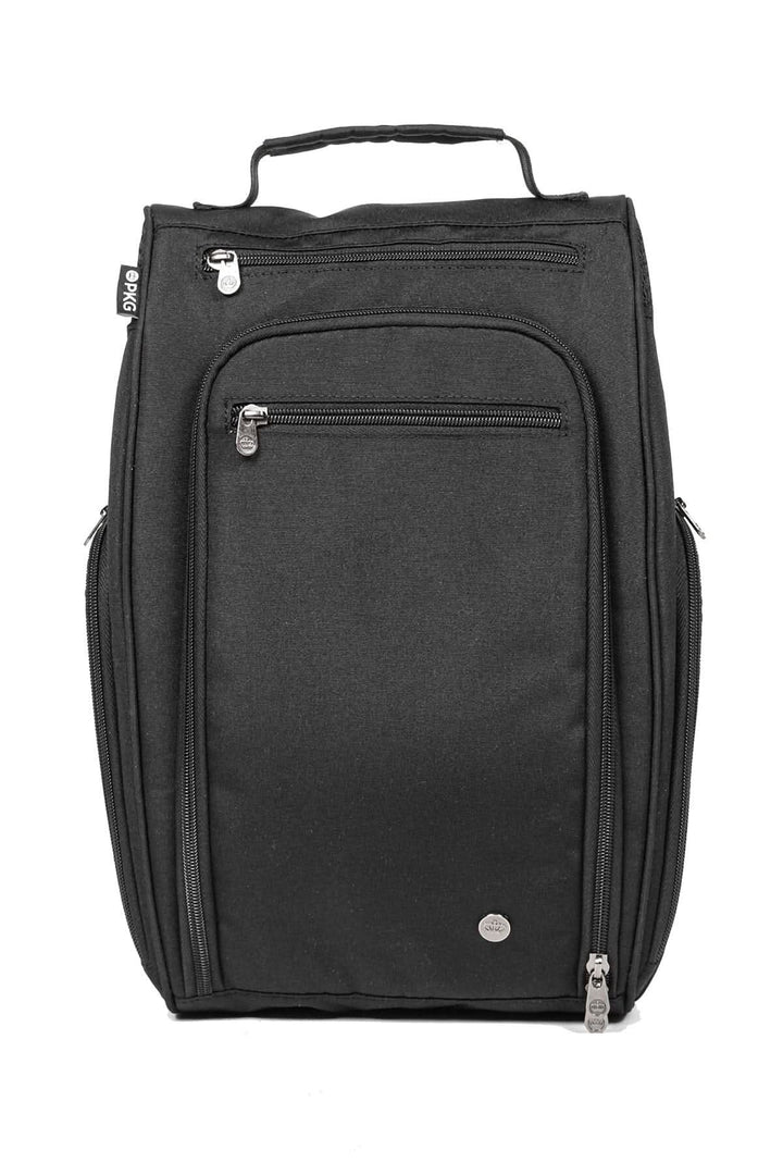 Sac à chaussures PKG Angus en polyester noir, design fonctionnel avec plusieurs poches de rangement.
