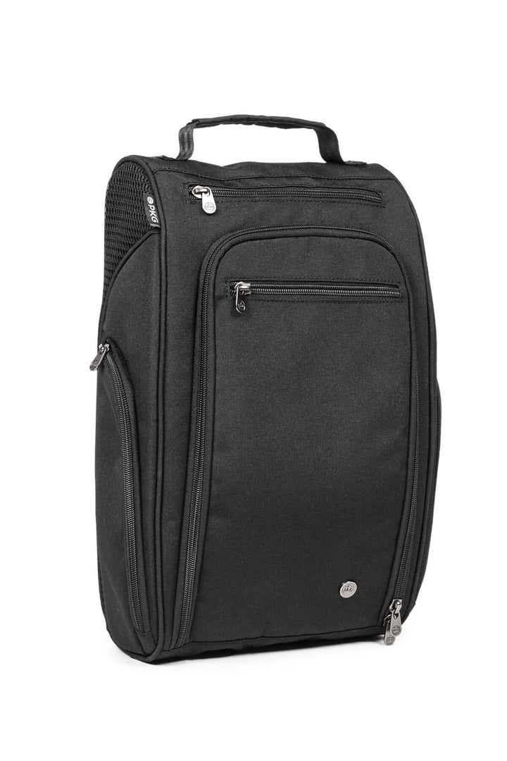 Sac à chaussures PKG Angus en polyester noir, avec plusieurs poches pour ranger et transporter des chaussures.