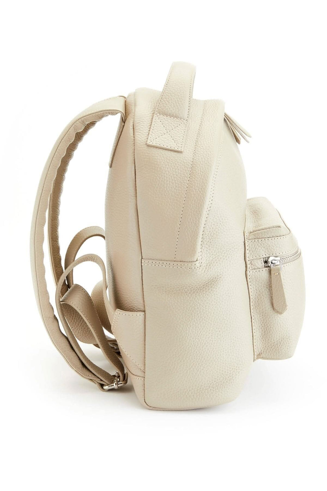 Sac à dos de voyage compact beige avec compartiment à fermeture éclair et design ergonomique.