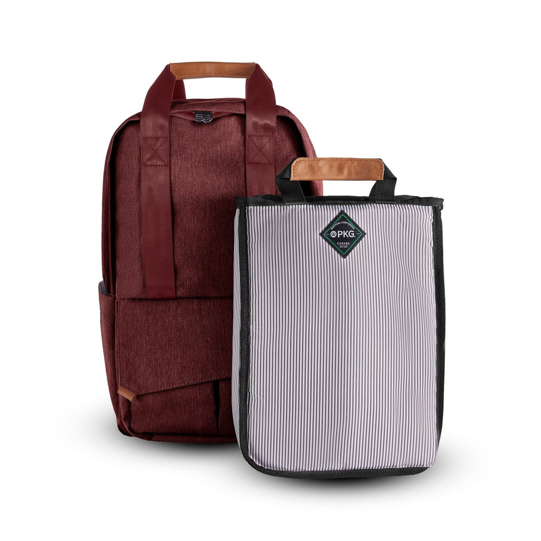 Sac à dos PKG Rosseau 19L en polyester recyclé avec poignées en cuir, design moderne et fonctionnel.