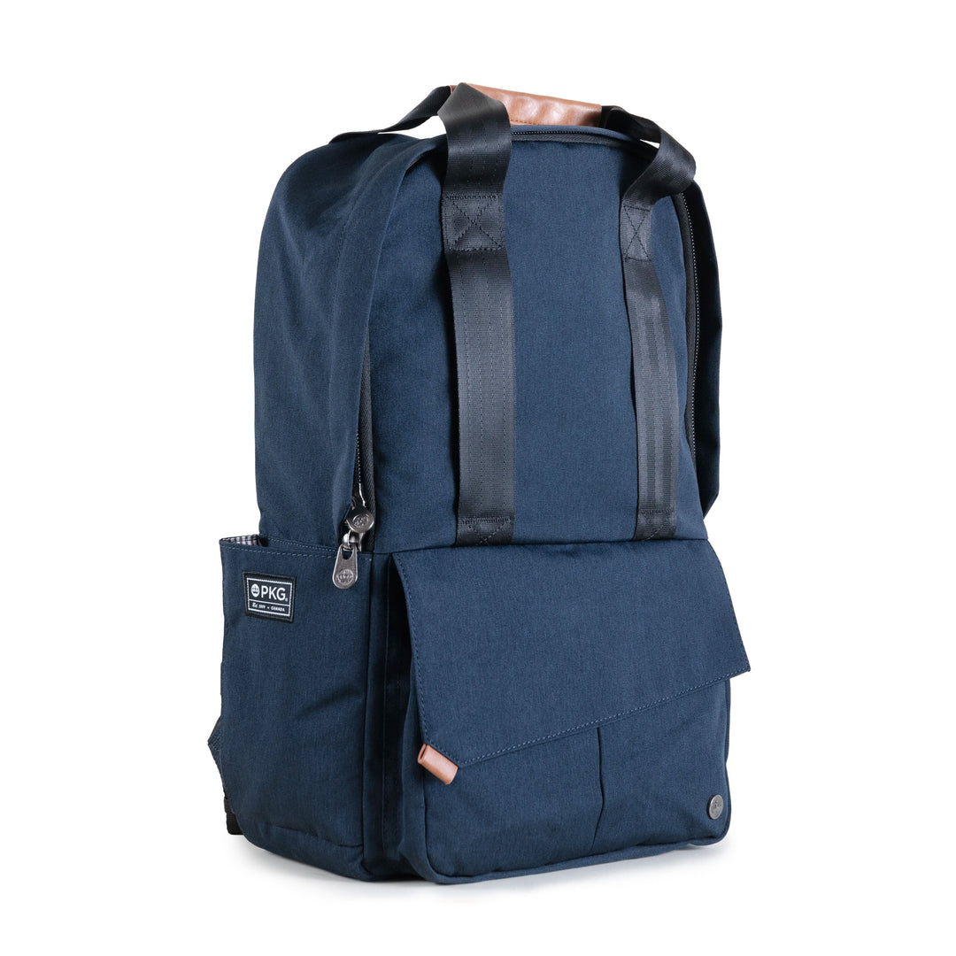 Sac à dos PKG Rosseau recyclé 19L en polyester bleu avec poches, design épuré et fonctionnel.
