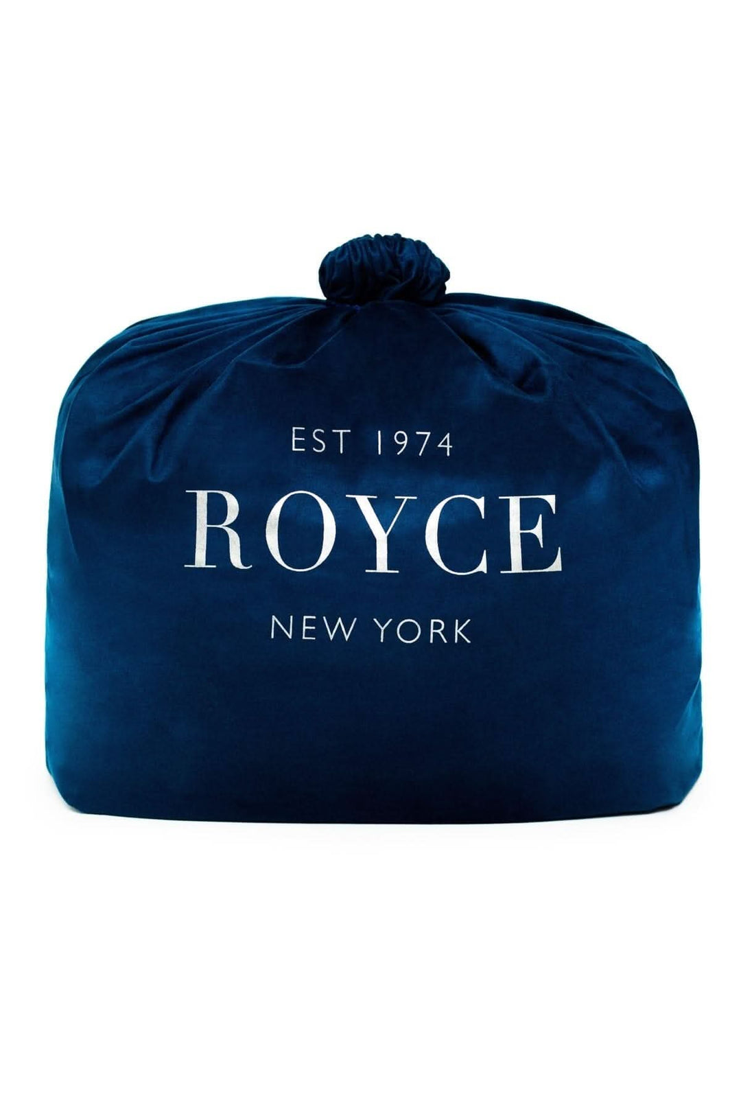Sac de rangement en velours bleu de Royce New York, établi en 1974.