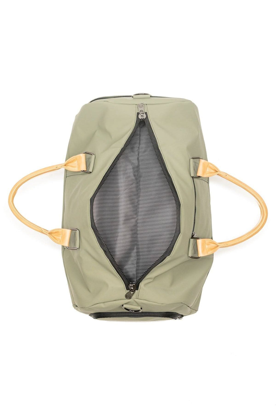 Sac de sport recyclé 42L, ouvert, montrant l'intérieur avec poignées en cuir, couleur olive.