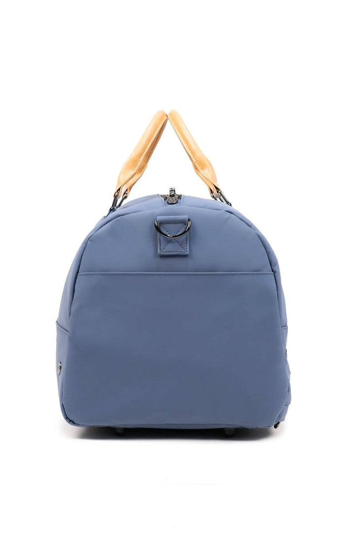 Sac de sport recyclé 42L avec poignées en cuir, couleur bleu, design pratique et élégant.