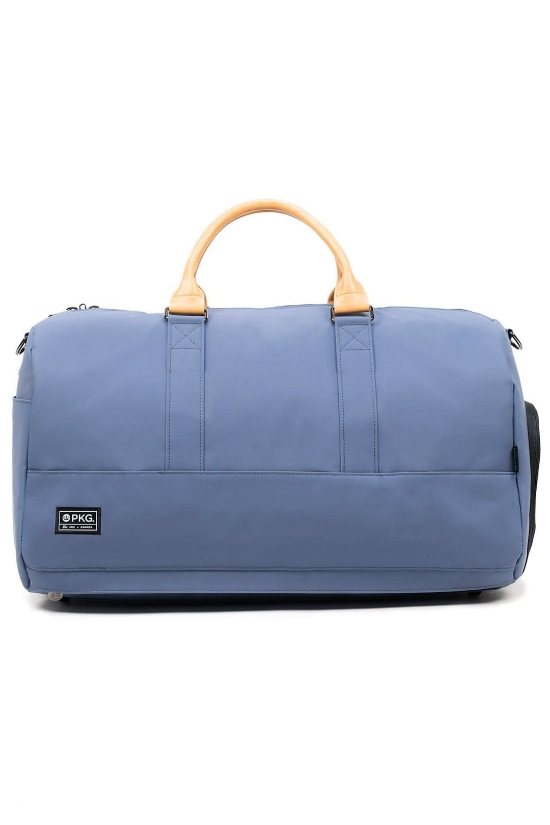 Sac de sport recyclé 42L PKG Bishop en polyester, couleur bleu, avec anses en cuir.
