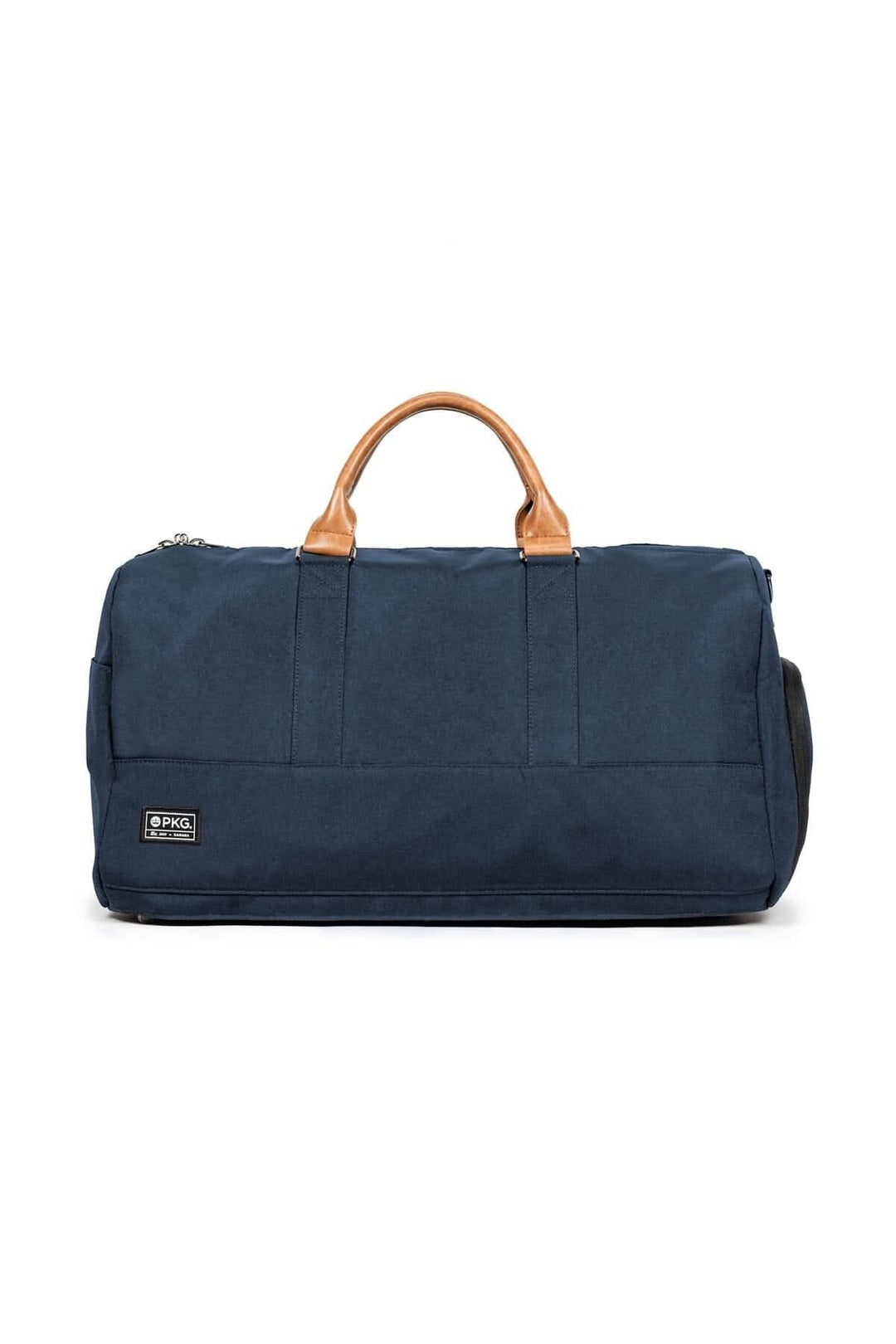 Sac de sport recyclé de 42L en polyester avec longues anses en cuir, couleur bleu marine.