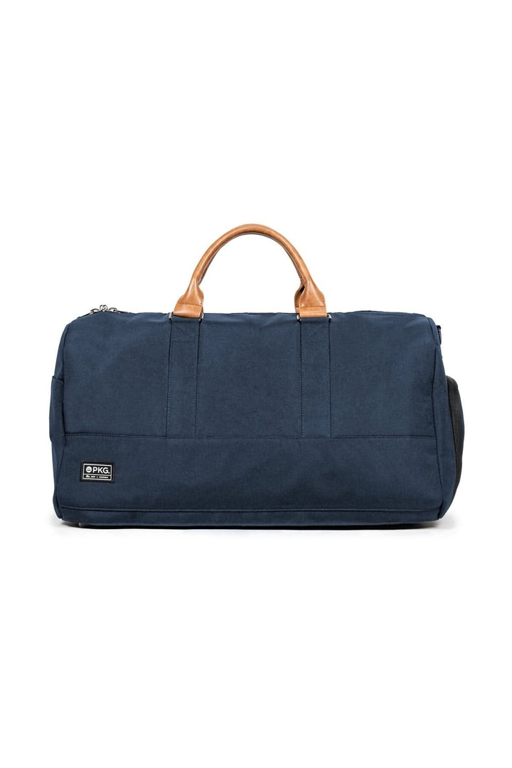 Sac de sport recyclé de 42L en polyester avec longues anses en cuir, couleur bleu marine.