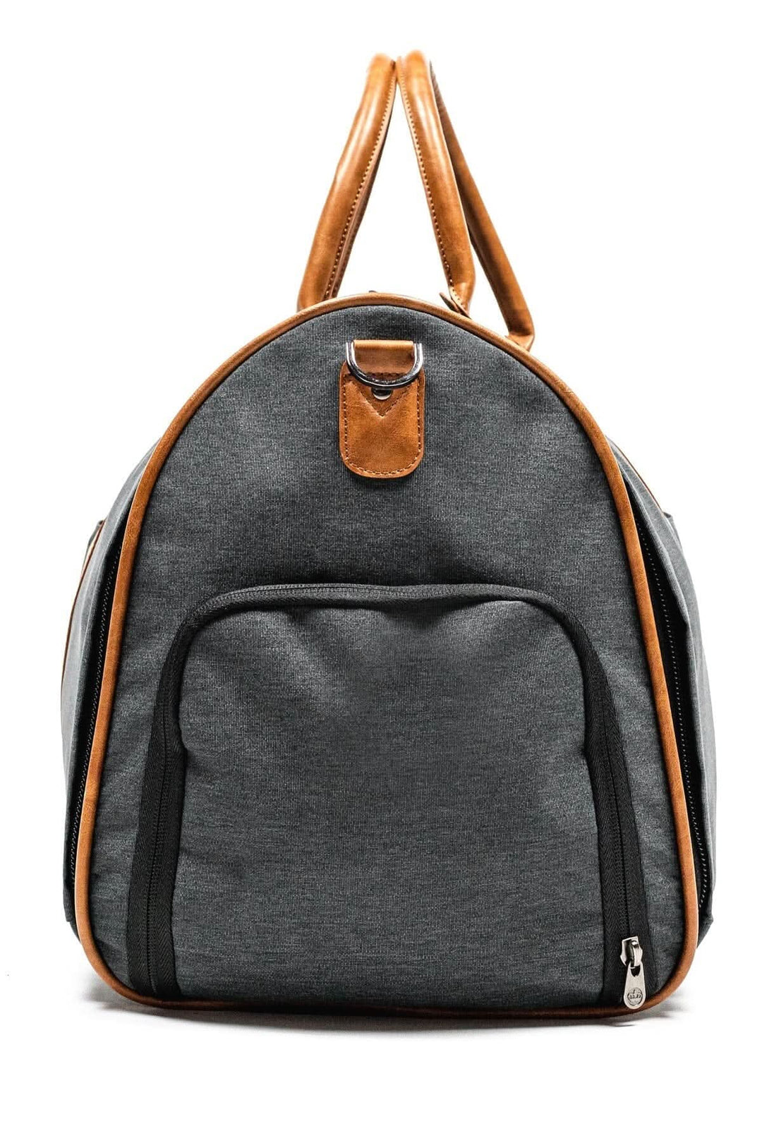 Sac de sport Rosedale 41L en tissu gris avec poignées en simili-cuir marron, idéal pour les voyages et le sport.