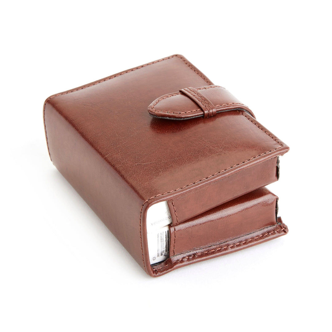 Set of playing cards in a premium leather case with a belt loop closure and monogram personalization feature.