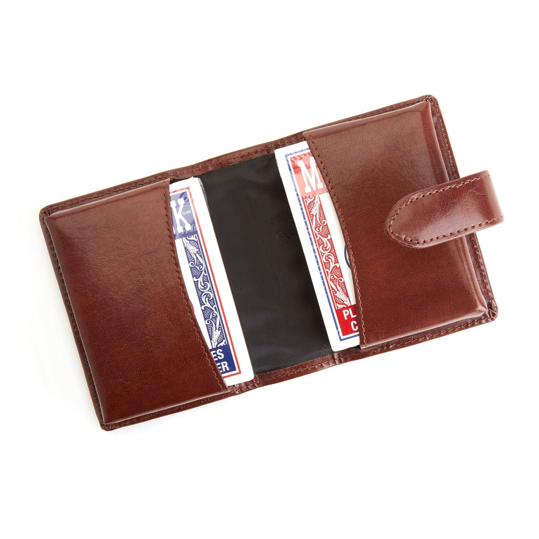 Set of playing cards in a premium leather case with a belt loop closure, perfect for games like bridge and rummy.