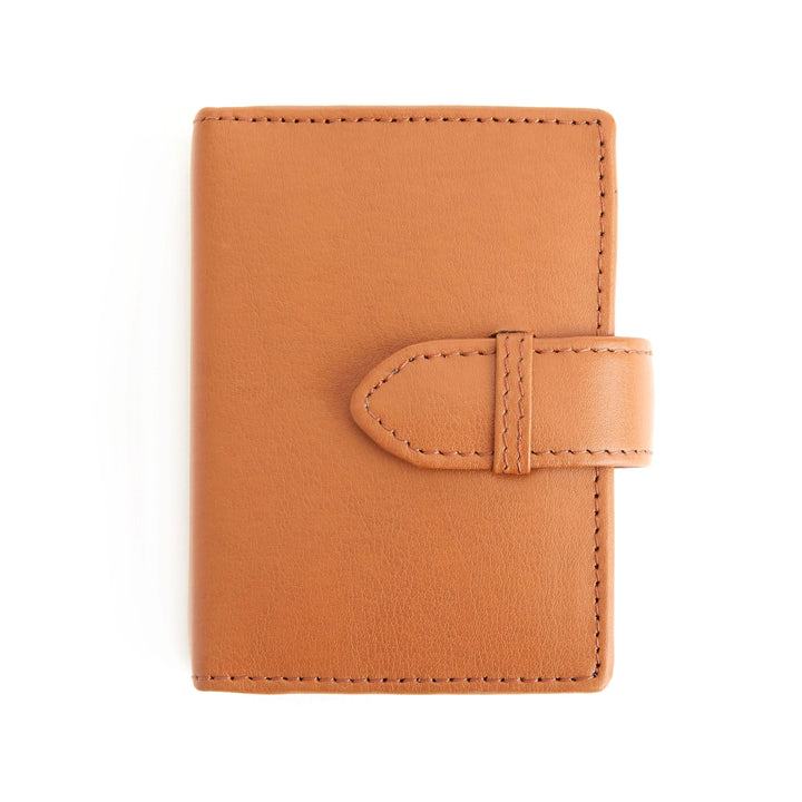 Elegant leather card case in tan color with belt loop closure for secure storage.
