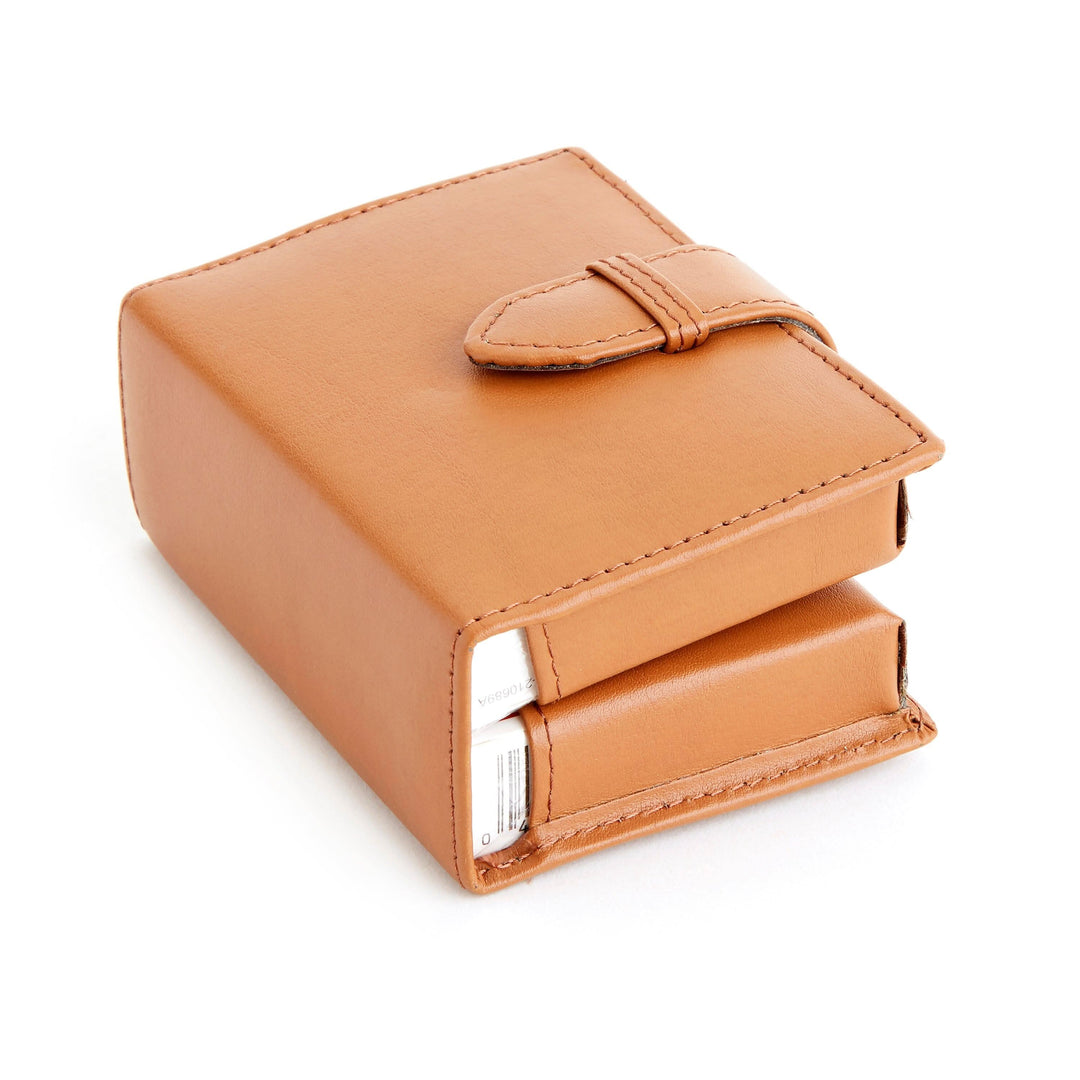 Set of premium playing cards in a stylish leather case with belt loop closure for easy access.