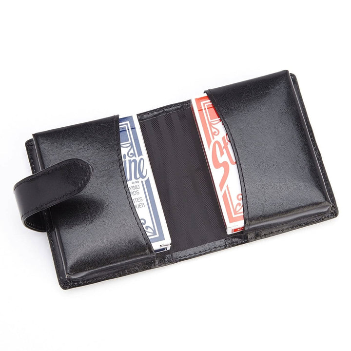 Set of premium playing cards in a sleek leather case with a belt loop closure.