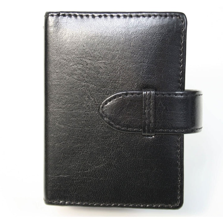 Black leather card case with belt loop closure for easy access and durability.