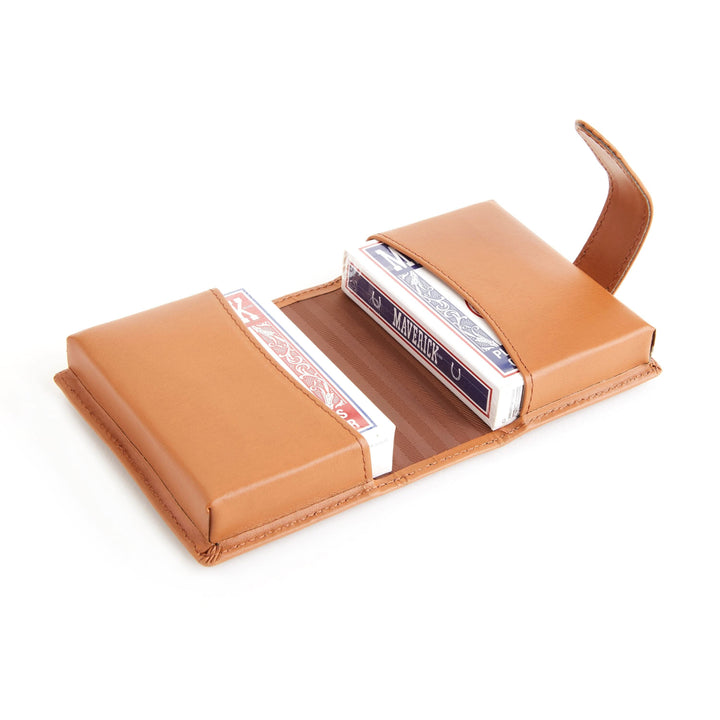 Leather case holding two decks of premium playing cards, featuring belt loop closure for easy access.