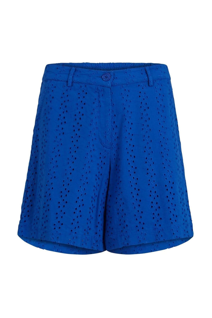 Shorts Lena en bleu, broderie anglaise, taille élastique, fermeture zippée et boutonnée.