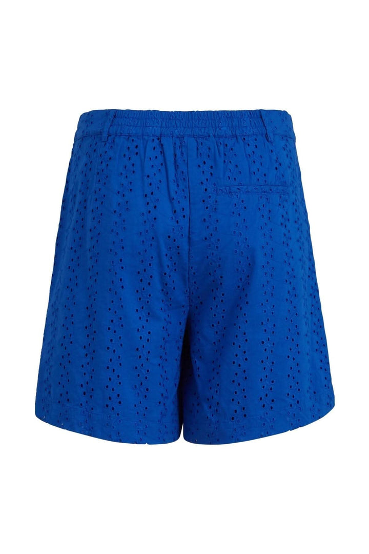 Short Lena bleu avec broderie anglaise, taille élastique et design confortable, arrière visible.