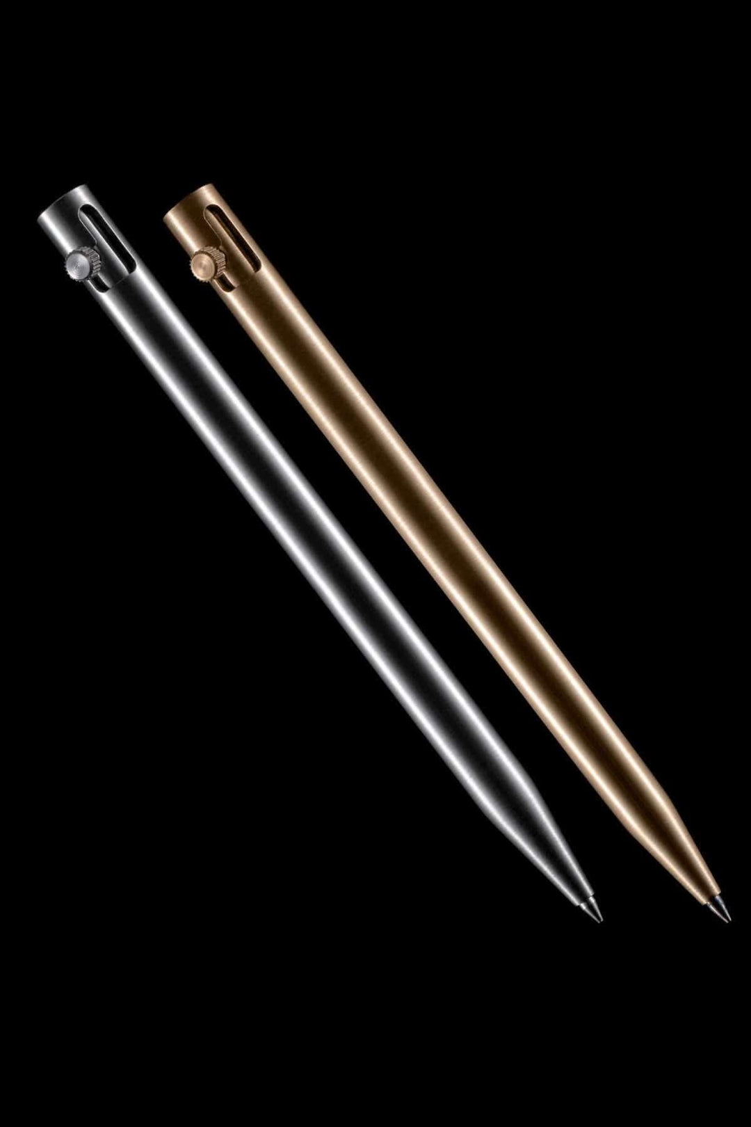 Stylos Modern Fuel en métal solide, noir et bronze, sans pièces en plastique, au design unique.