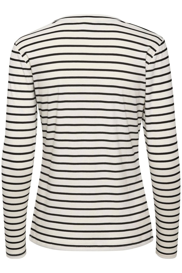 Vue arrière du t-shirt à manches longues Lidy, rayé noir et blanc, avec encolure ronde.
