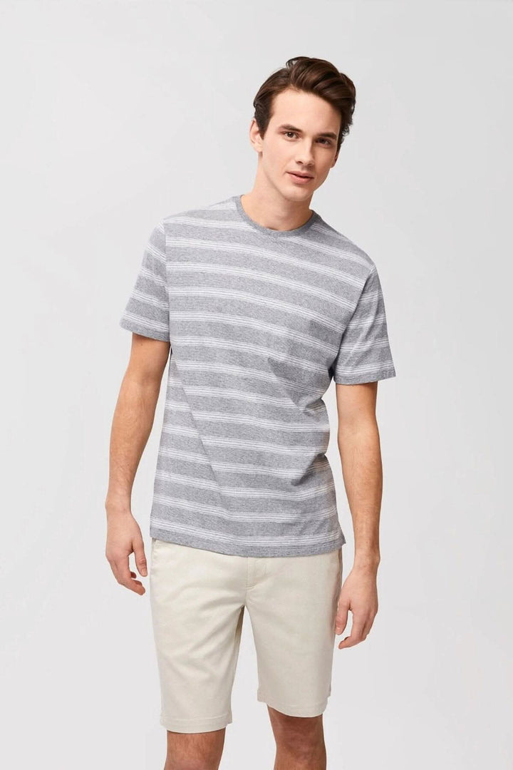 T-shirt Brendan à rayures grises, col rond en coton, parfait pour le printemps, style RB01135.