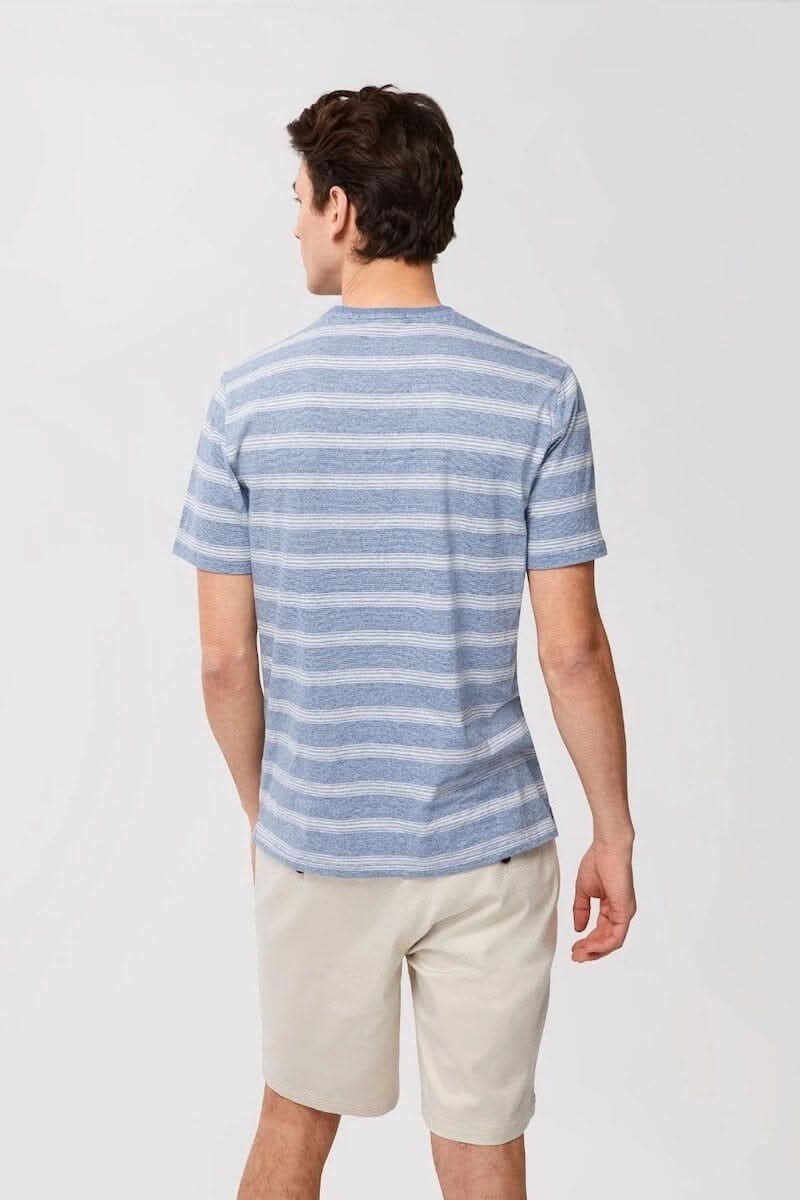 T-shirt Brendan rayé bleu avec un motif à rayures audacieuses, parfait pour le printemps.