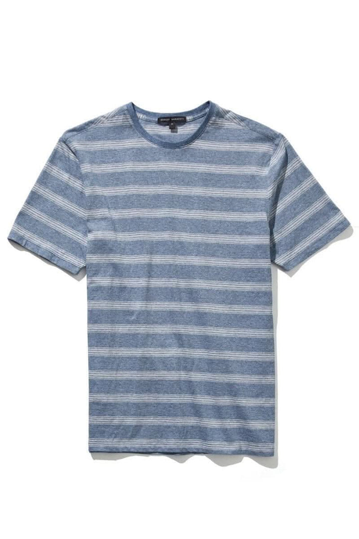 T-shirt Brendan rayé en bleu, col rond, 100% coton, parfait pour le printemps.