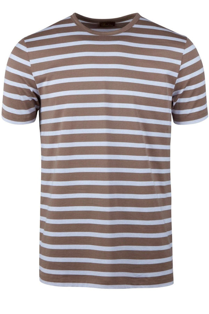 T-shirt ligné en coton brun et blanc, col rond, 100% coton, style 440044-2488.