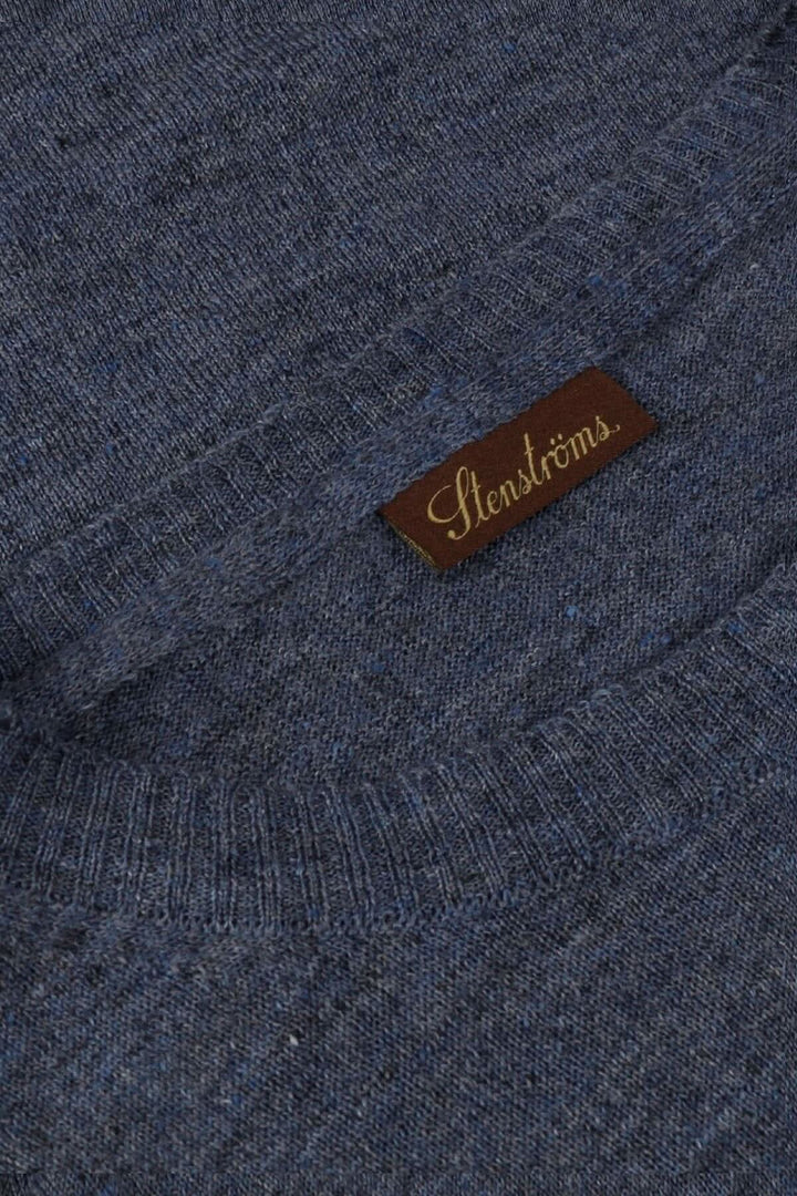 T-shirt en lin et mérinos Stenströms bleu avec col rond et étiquette en cuir.