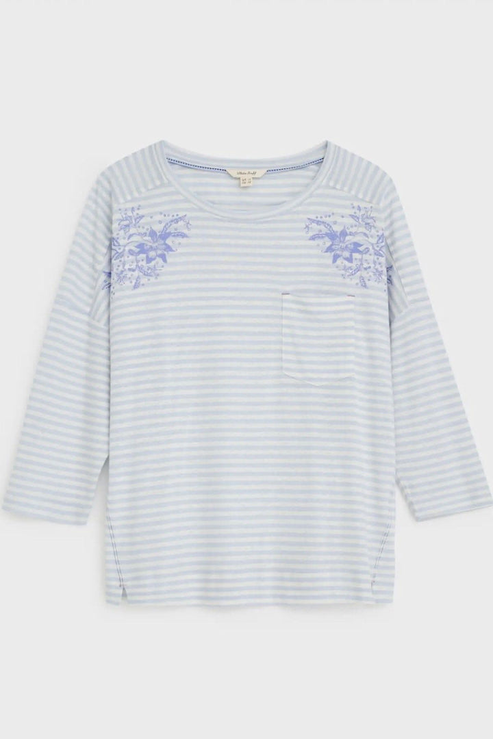 T-shirt Lennox léger à rayures bleu, manches longues, encolure ronde et poche poitrine.
