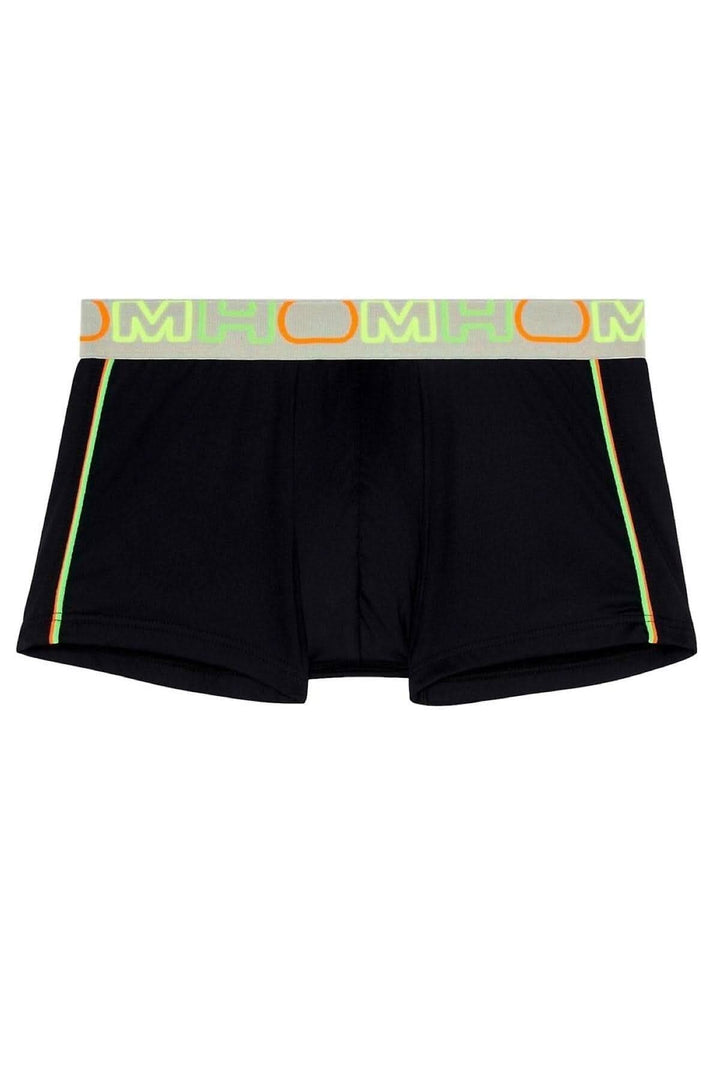 Boxer noir pour hommes en microfibre avec bande élastique fluo et traits contrastants.