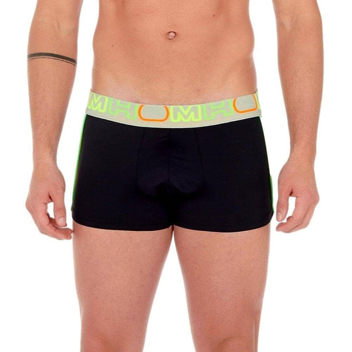 Boxer en microfibre noir pour hommes avec bande élastique verte fluo, design original et confortable.