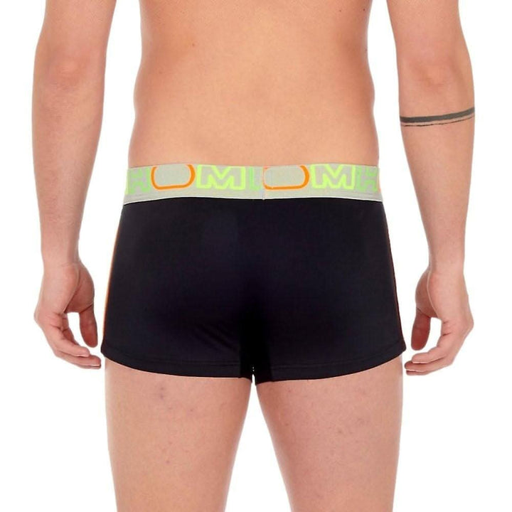 Boxer noir pour hommes en microfibre avec bande élastique verte fluo, vue arrière.