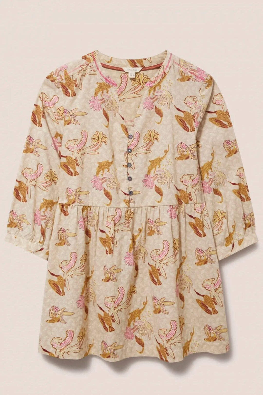 Tunique Daphnée avec un motif floral, col V, manches 3/4, confortable et stylée.