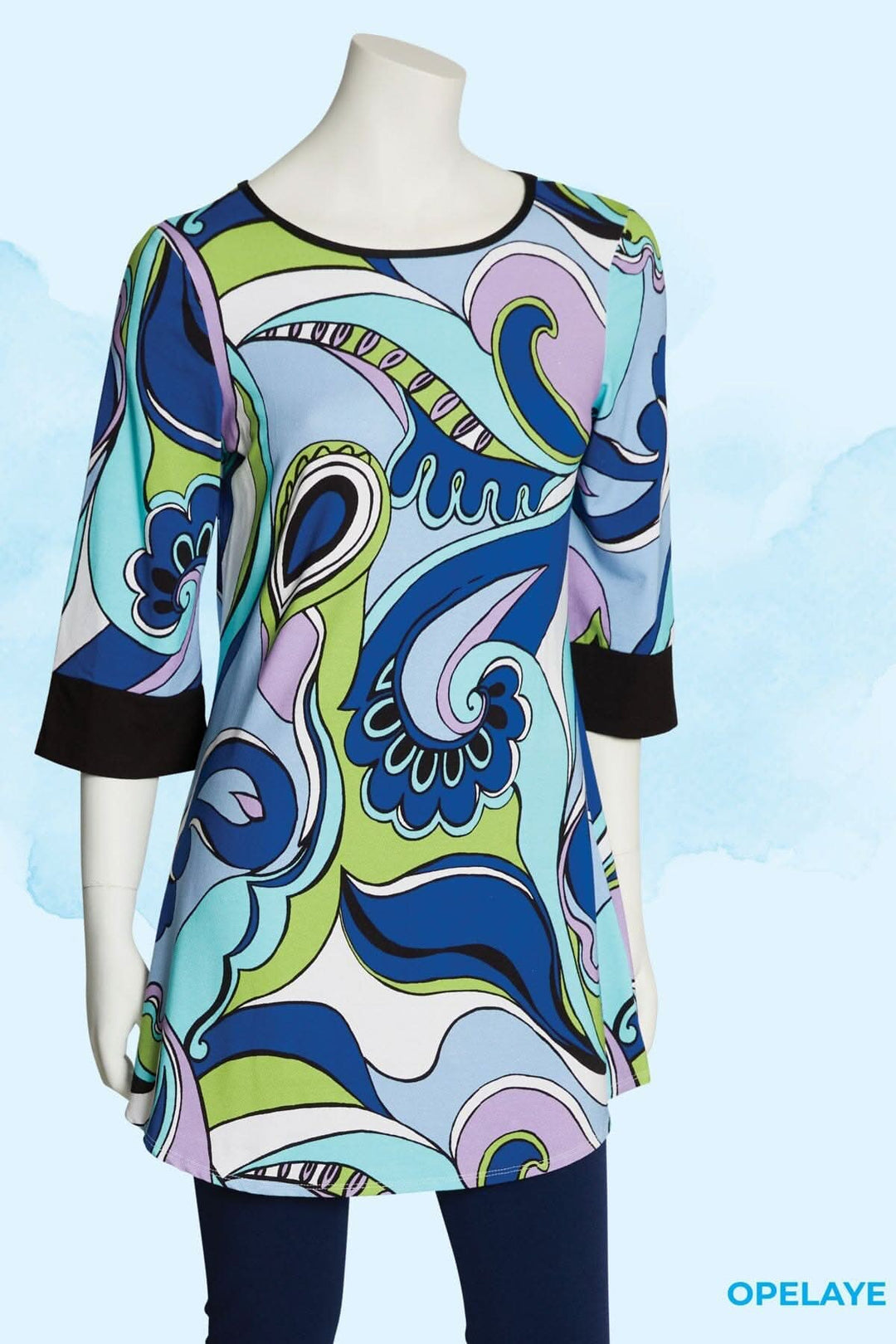 Tunique rétro Opelaye à motifs abstraits, manches 3/4 et encolure dégagée, coupe stylée et audacieuse.